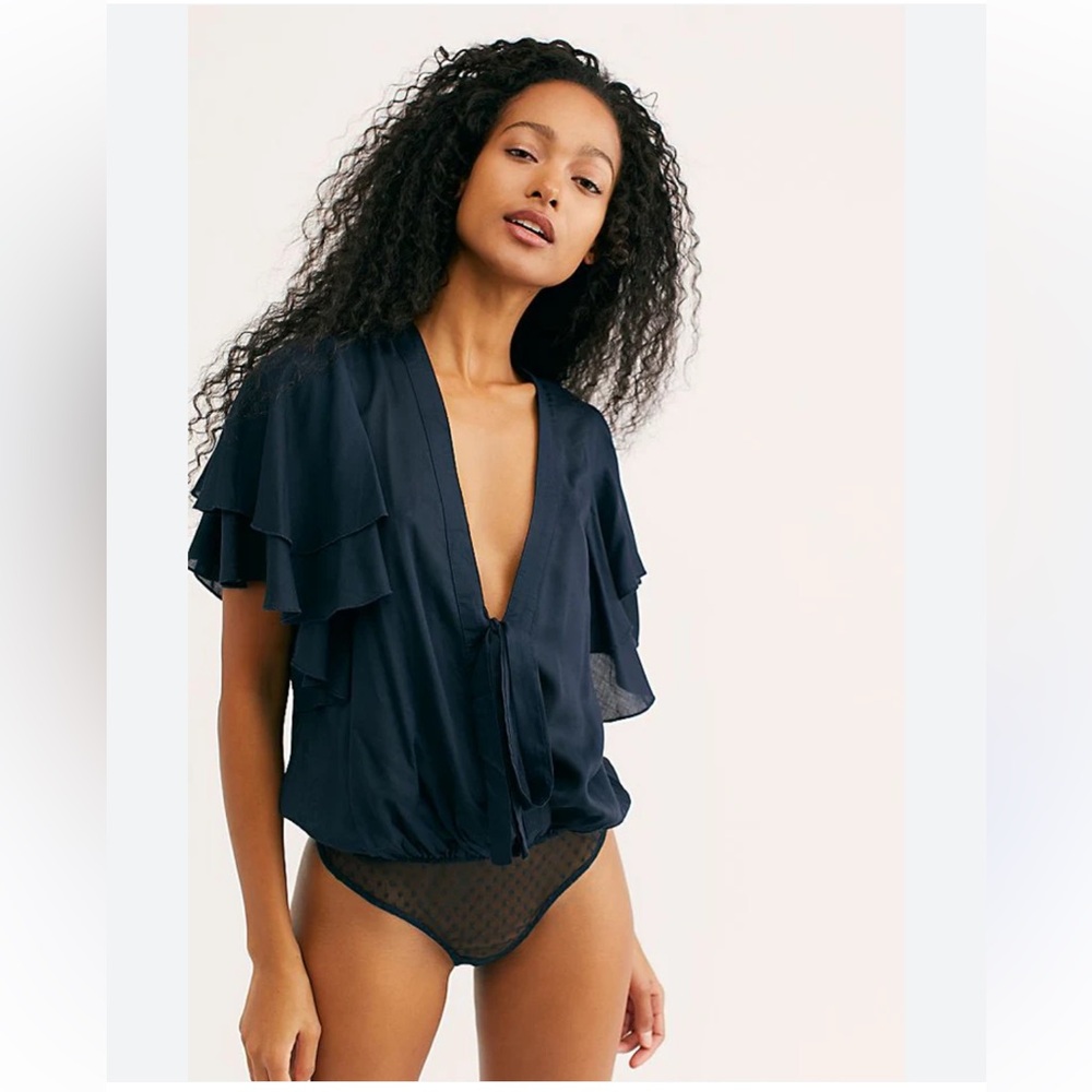 Free People Navy Blue Ruffle Sleeve Plunge Bodysuit